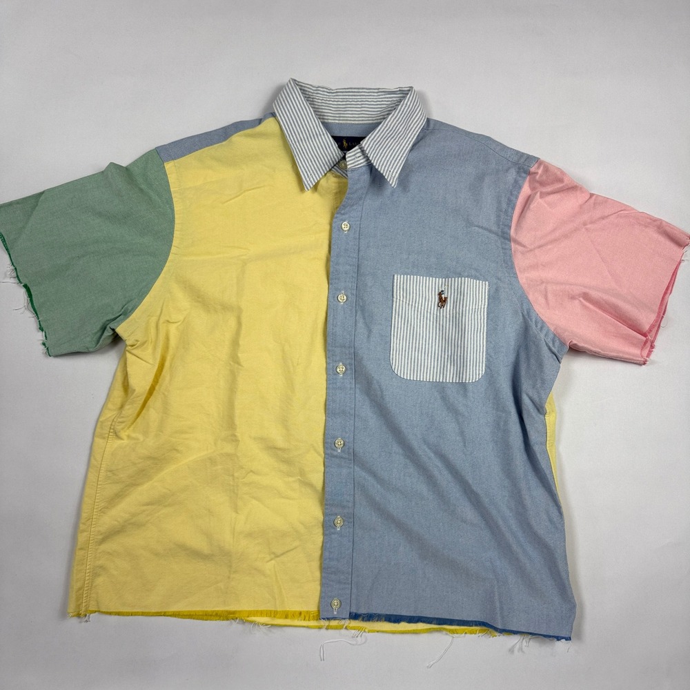 Ralph Lauren Colorblock Oxford Shirt Cutoff Raw Hem Patchwork Pastel Mens L
